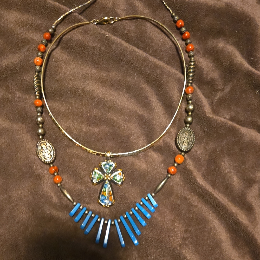 Multicolor Cross Pendant Necklace & Coordinating additional necklace